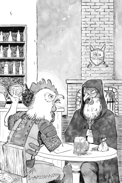 a grayscale image of two anthropomorphic chickens in a fantasy tavern