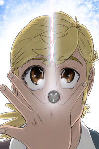 A young man with his hand in front of his face, a beam of light shooting up from his ring finger. Too the left of the beam, his face is more effeminate. To the right of the beam, his face is more masculine.