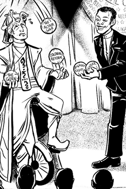 A black and white political cartoon featuring a juggling alien