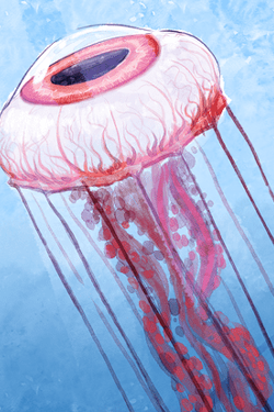 A watercolour-like painting of a jellyfish resembling a large, red eye